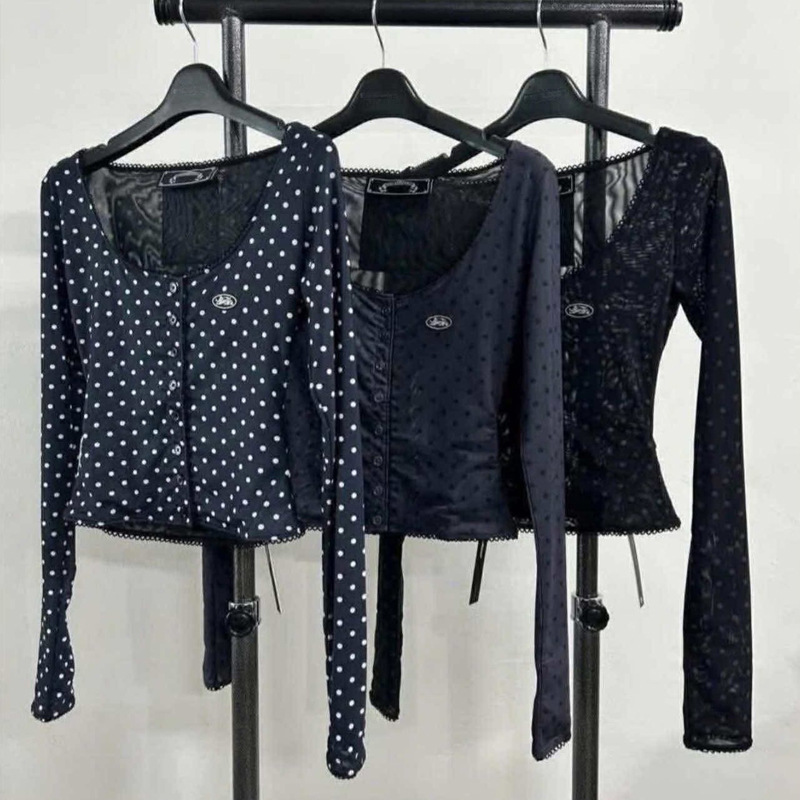 Korean Badblood Bcac Series Retro Niche Casual Design Square Collar Cardigan Sweet and Spicy Polka Dot T-Shirt for Women