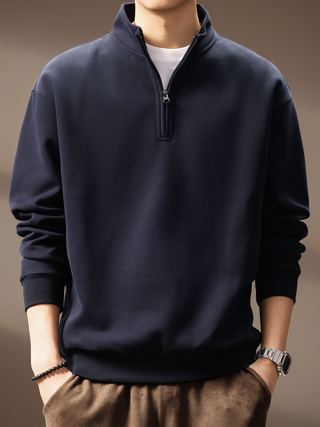 American-Style Simple Half-Zip Stand-Collar Sweatshirt for Men, New Spring and Autumn Casual Loose Heavyweight Polo Shirt Top