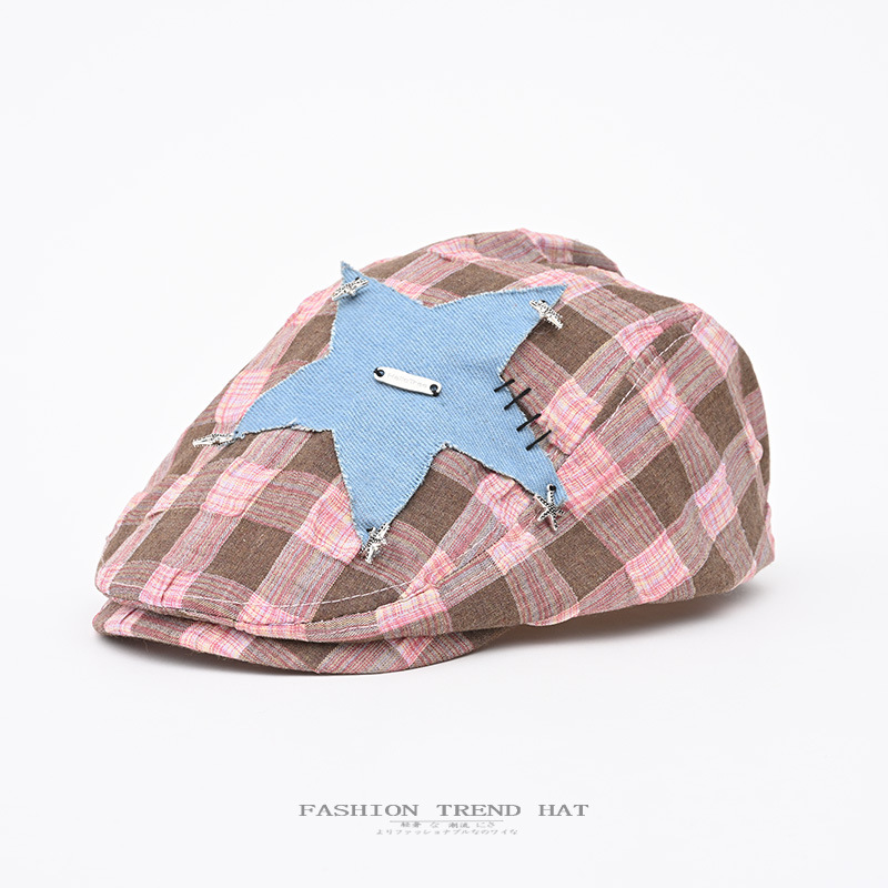 American-style Retro Grinding Star Pap Forward Hat Women's Spring and Summer Plaid Duck Tongue Hat Shown Face Small Beret Trendy