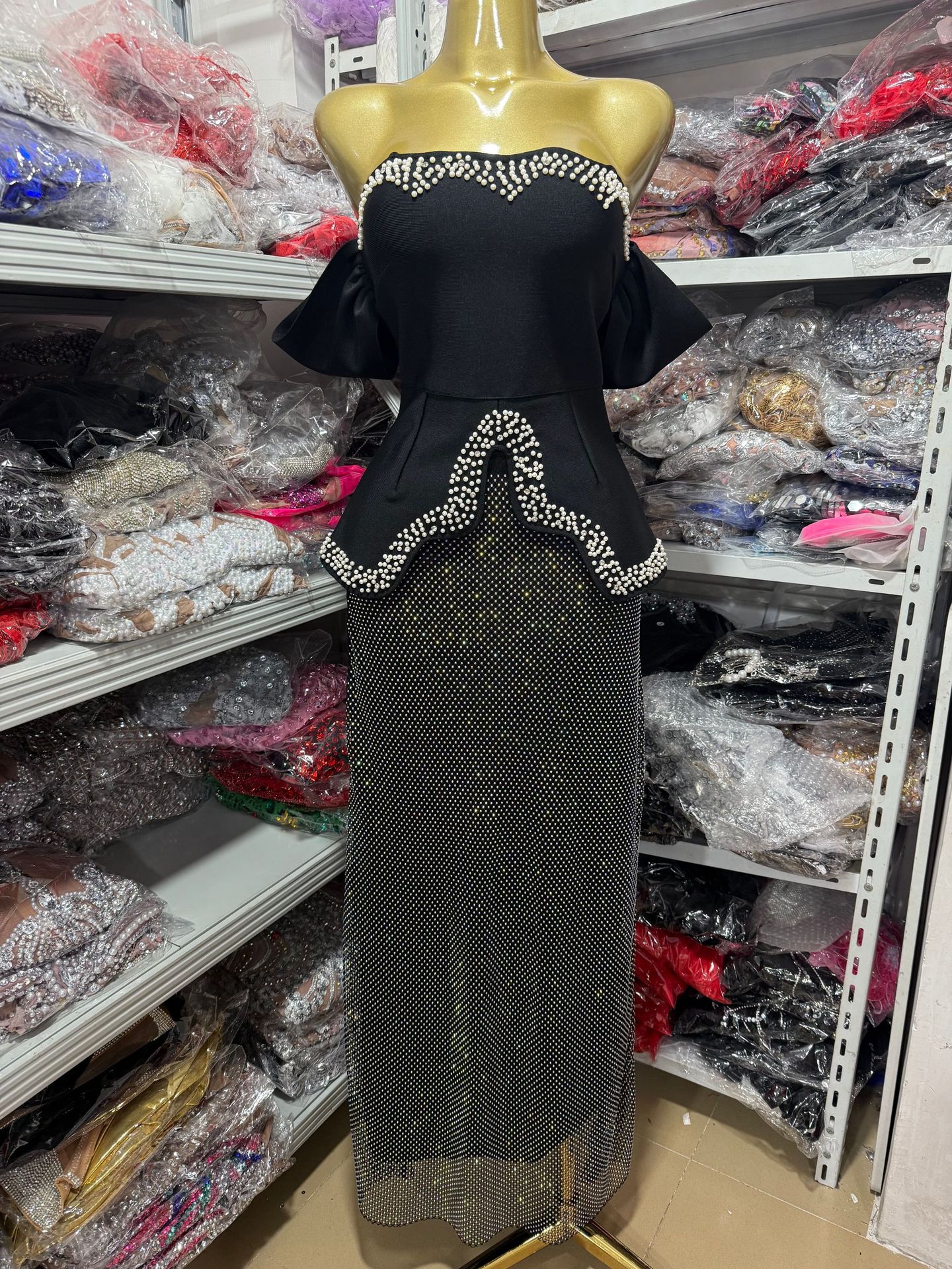 Amazon Aliexpress Cross-Border Black Rhinestone Tube Top Bandage Top with Rhinestones High-Waisted Long Skirt Sexy Two-Piece Set