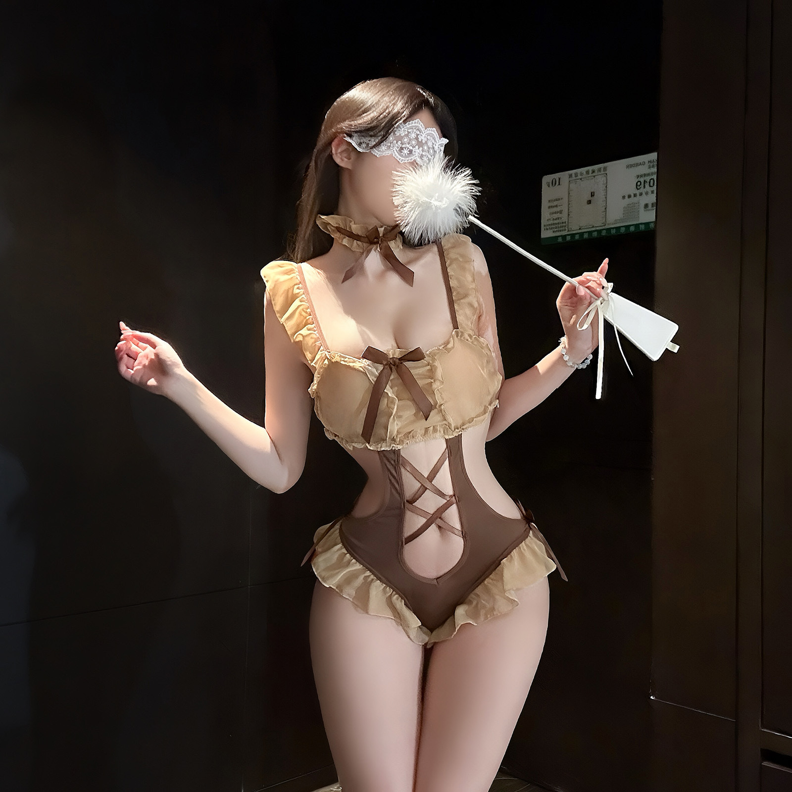 Golden Night Sexy Lingerie Pure Desire Flirting Pajamas Sexy Bow Tie Hollow Out Ruffle One-Piece Backless Set