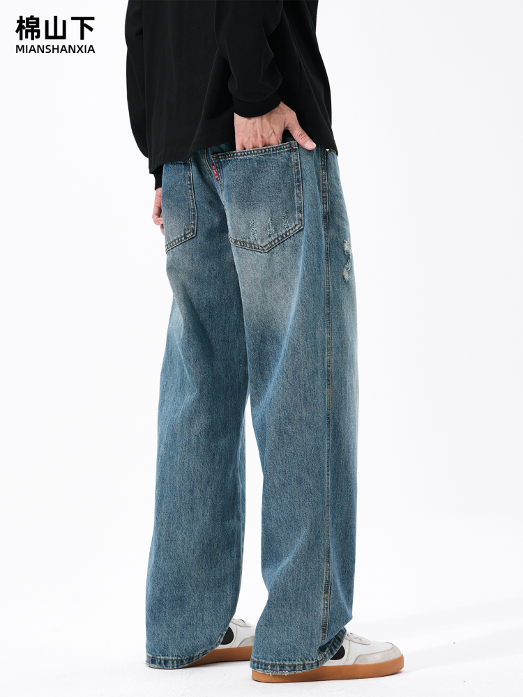 Cotton Mountain Autumn/Winter Men's Blue Ripped Jeans, Straight Loose Wide-Leg Large Size Vintage Washed Casual Pants