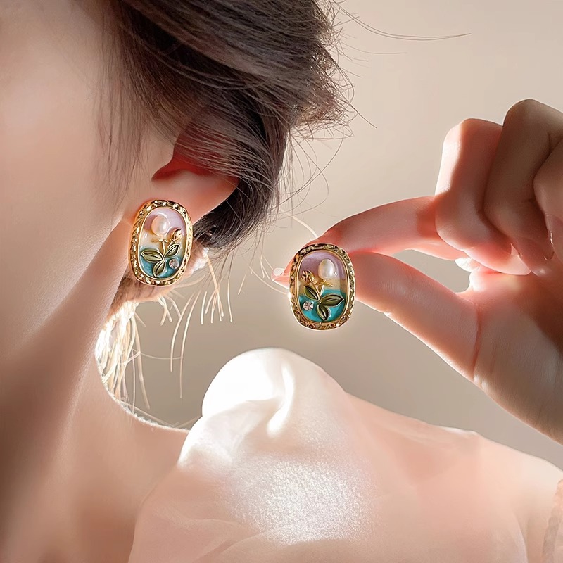 S925 Silver Needle Monet Garden Baroque Pearl Earrings Women's Vintage Painted Oil Earrings New 2024 Explosions Earrings