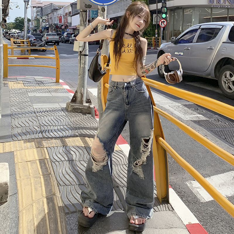 Ripped Jeans Women's Summer American High Street Vibe Style Loose Slimming Wide Leg Jeans Women's Summer Wide Leg Pants Women's Summer