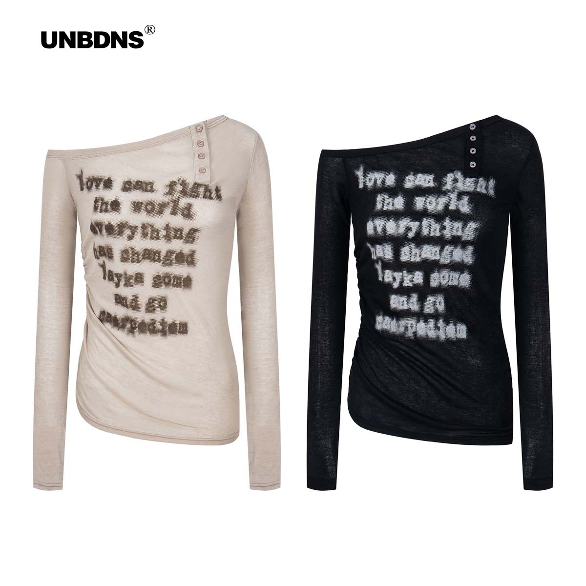 Unbdns Lyocell Tencel Mask Skin Feel/Micro-Translucent Sloping Shoulder Lazy Design Button Long Sleeve Blouse Women's Trendy