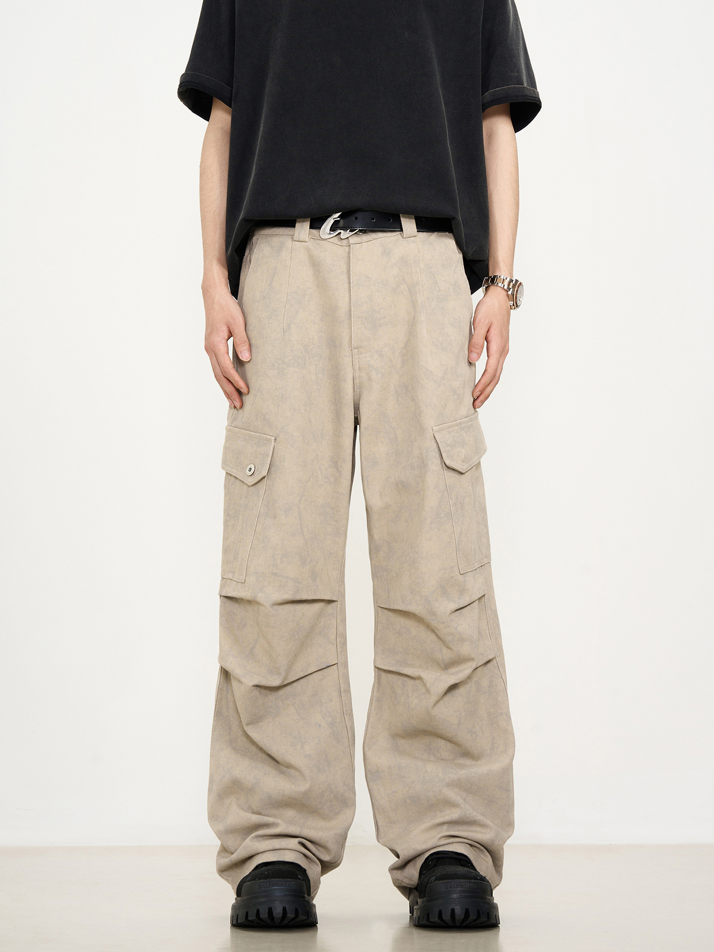 American Style Retro Marble Dark Pattern Washed Straight Leg Cargo Pants Unisex Loose Cargo Parachute Pants Casual