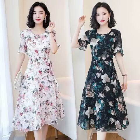 Short-Sleeved Summer Women's Dress 2026 New Summer Fashion Trendy Elegant Waist-Cinching Slimming Floral Long Dress 230