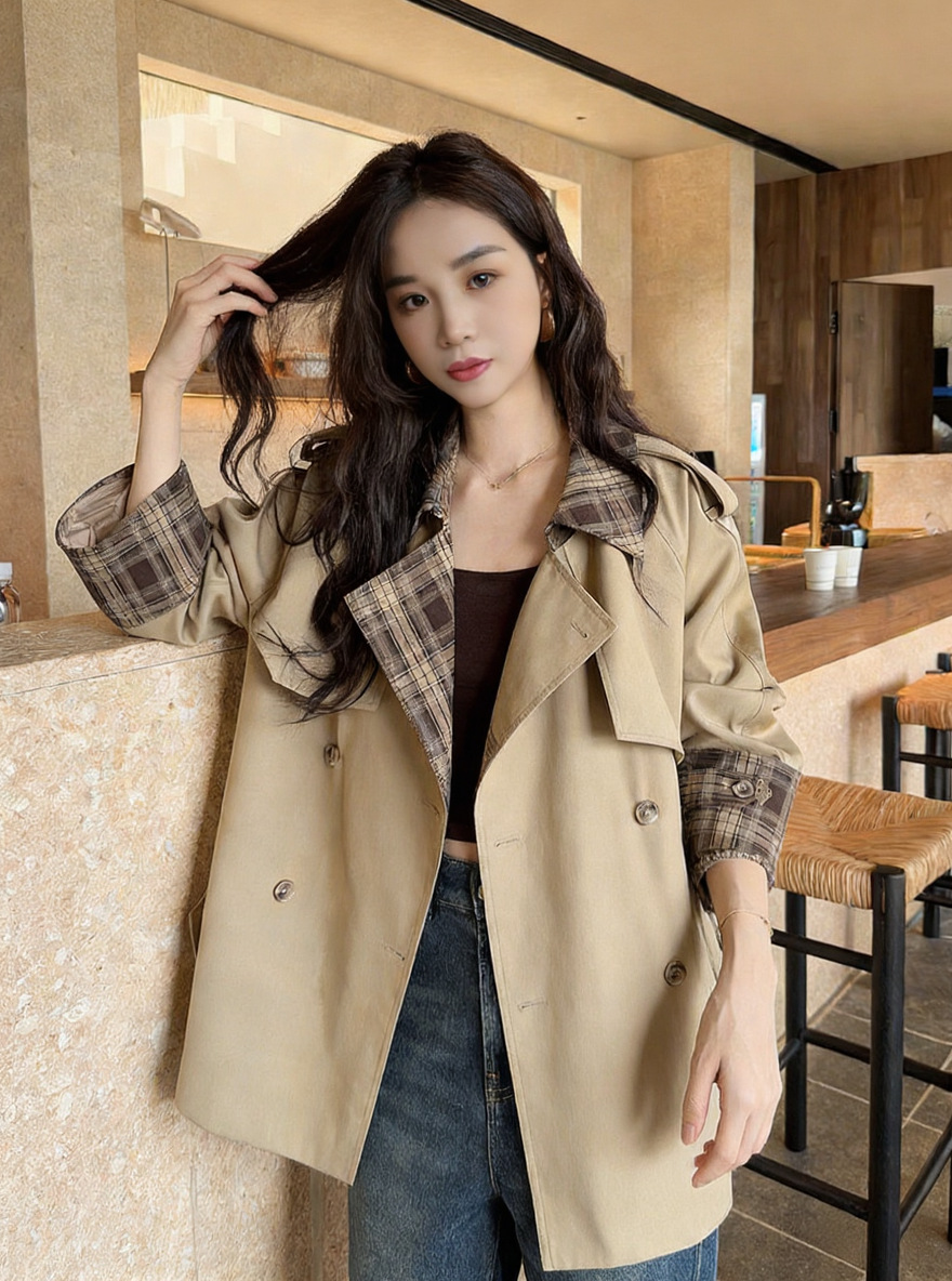 Nanyou Foreign Trade Wool Plaid Patchwork Turn-Down Collar Double-Breasted Short Trench Coat for Women