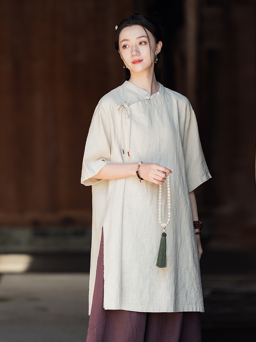 26 Cotton and Linen Women's Clothing, New Chinese Style Stand-Up Collar, Diagonal Placket, Tie-Up National Style Top, Retro Zen-Inspired Loose Autumn Dress for Women