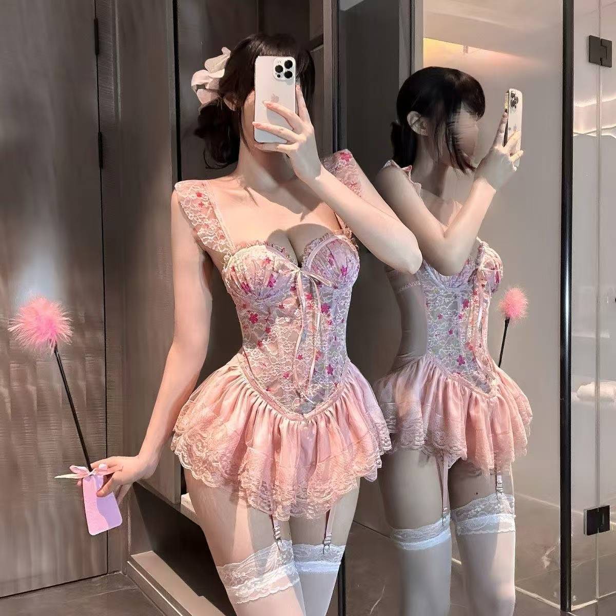 Sweetheart Barbie Floral Sweet Fishbone Bra with Padded Print and Dye Design, Slimming and Sexy Sleepwear Swimsuit Qqny