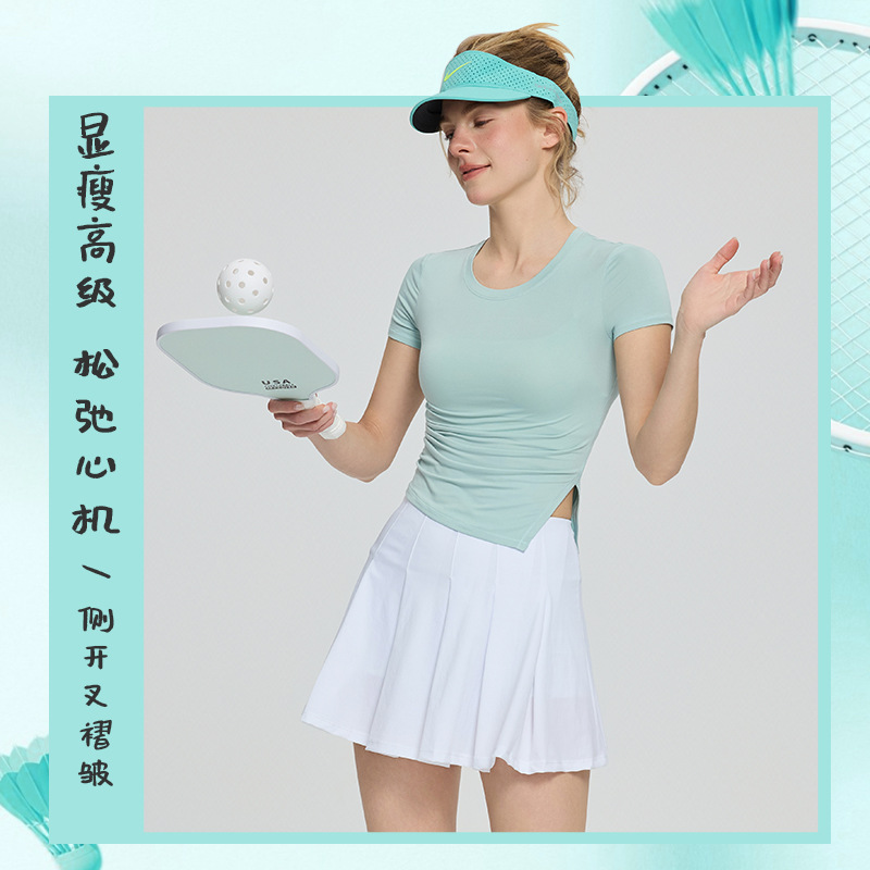New Spring and Summer Yoga Wear for Women, Soft and Skin-Friendly Slim-Fitting Tops, Fitness Wear, Pleated Slit Slimming Short-Sleeved T-Shirts