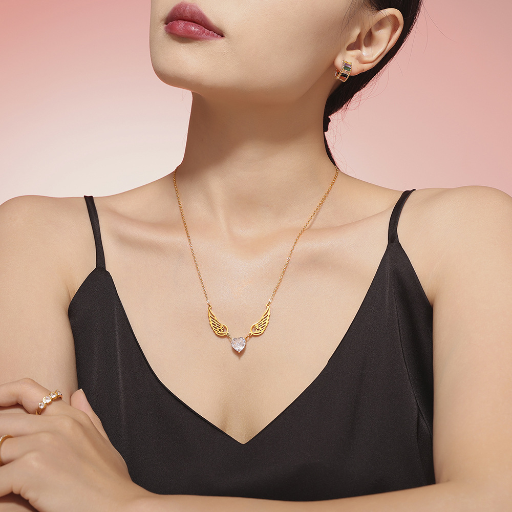 European and American New High-end Fashion Titanium Steel Gold Plated Zircon Angel Wings Necklace Simple Niche All-match Jewelry