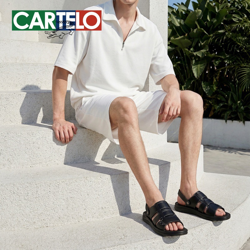 Cartelo Crocodile Leather Patchwork Men's Summer Sandals Breathable Outdoor Dual-Wear Casual Non-Slip Driving Shoes
