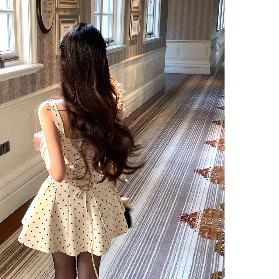2025 New Summer Slight Fat mm Sweet Spice Girl Polo Dot Square Collar Sling dress Women's Pure Wish Tight Waist Tutu Skirt
