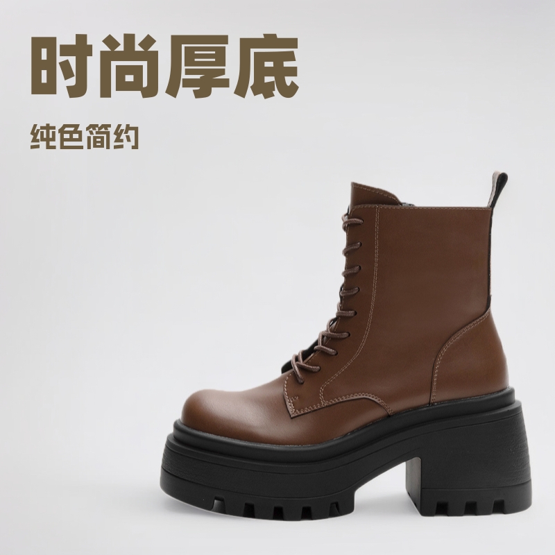 Retro Boots Autumn and Winter New Style 2026 Women's Leather Boots Pure Color Simple Fashion Thick-Soled Mid-Calf Round-Toe Leather Boots