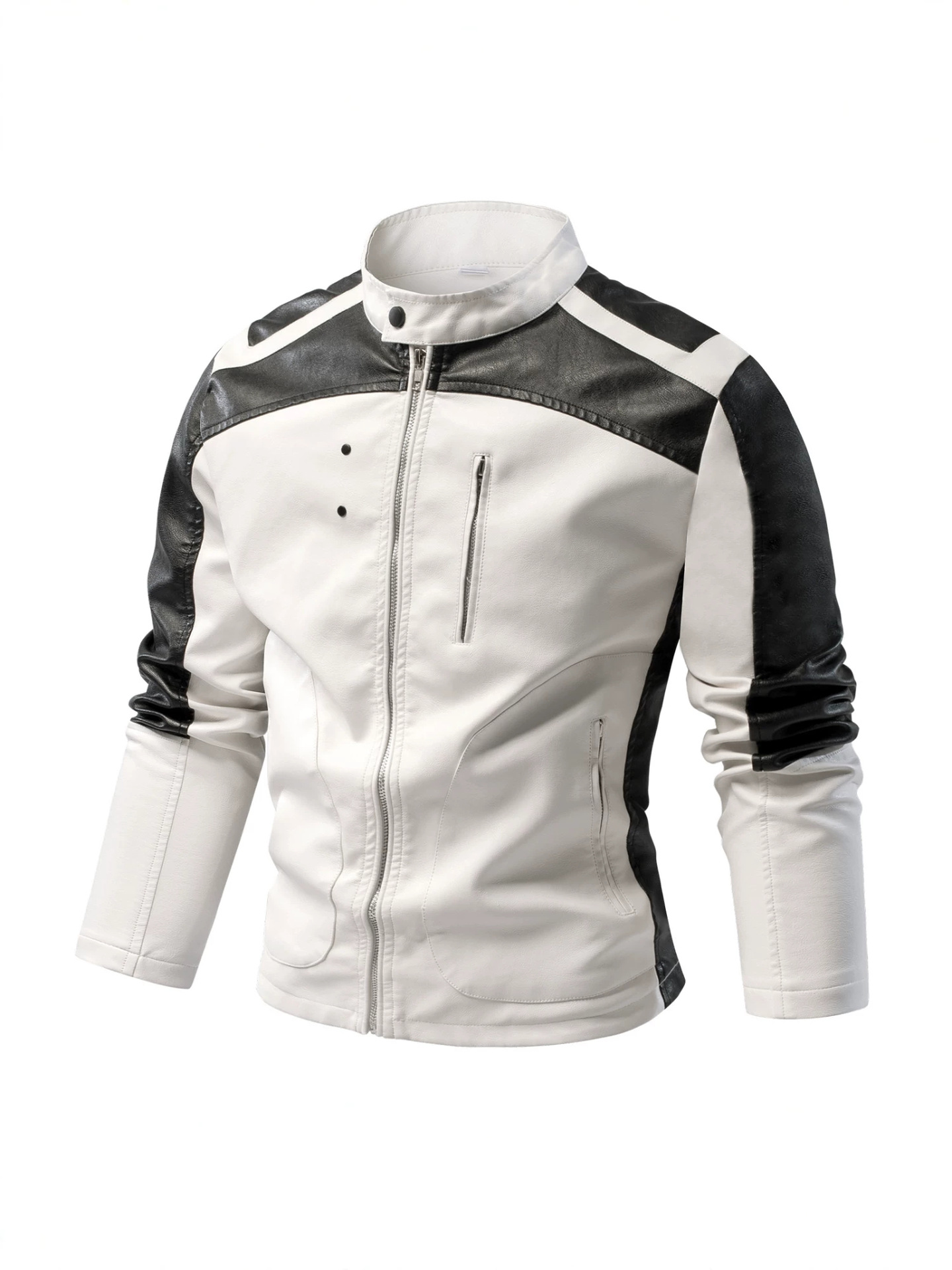 New Men's Pu Leather Jacket with Stand Collar and Color-Blocking, Stylish Slim-Fit Trendy Outerwear for Spring and Autumn