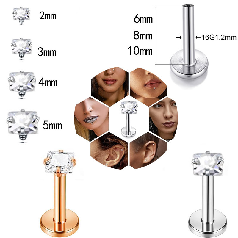 Cross-Border Lip Studs Stainless Steel Flat Bottom Threaded Earrings Cubic Zirconia Four-Prong Lip Rings Lip Jewelry Nose Studs Piercing Accessories