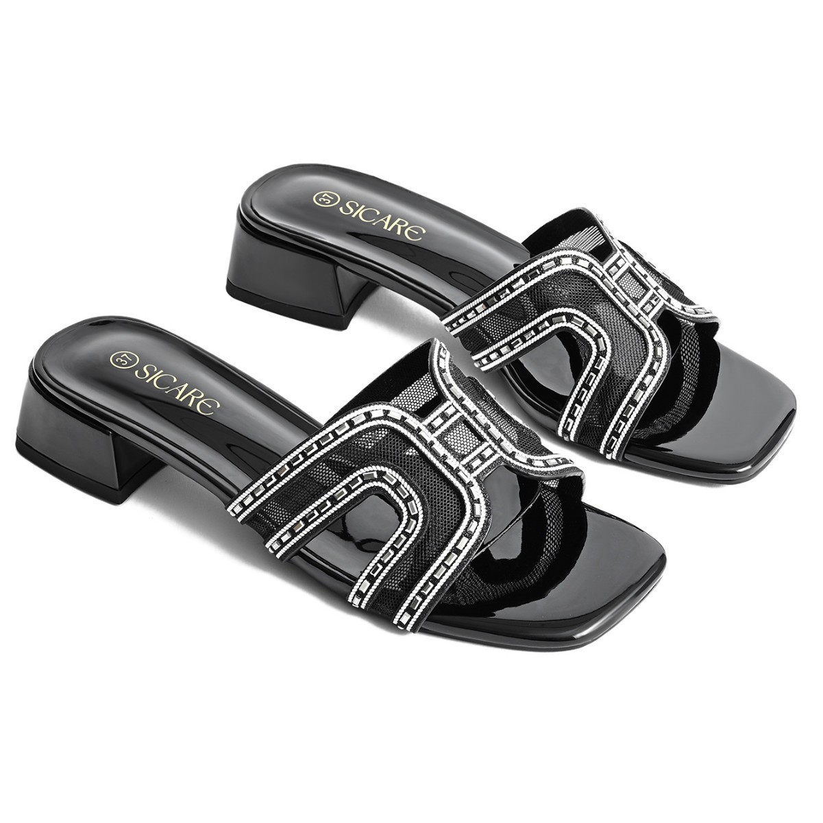 Slippers for Women, Summer Sandals, Black, New Summer Style, in Stock, Rhinestone Thick Heel, Square Toe, Outer Wear Shoes