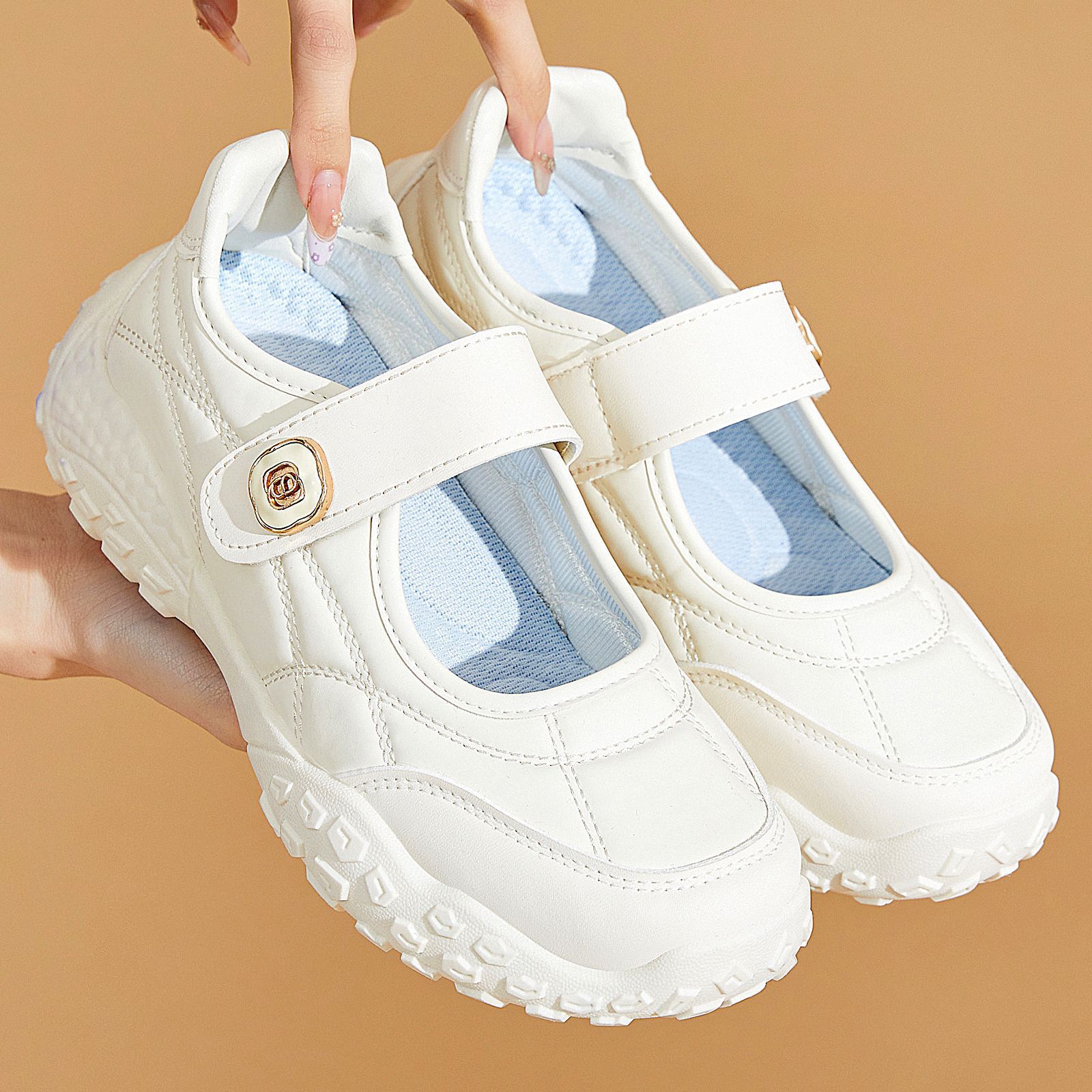 Women's Shoes with Tire-Like Soles, Ugly-Chic Style, Shallow Mouth, Velcro Fastening, Flat Casual Shoes, Mary Jane White Shoes, Mom Shoes