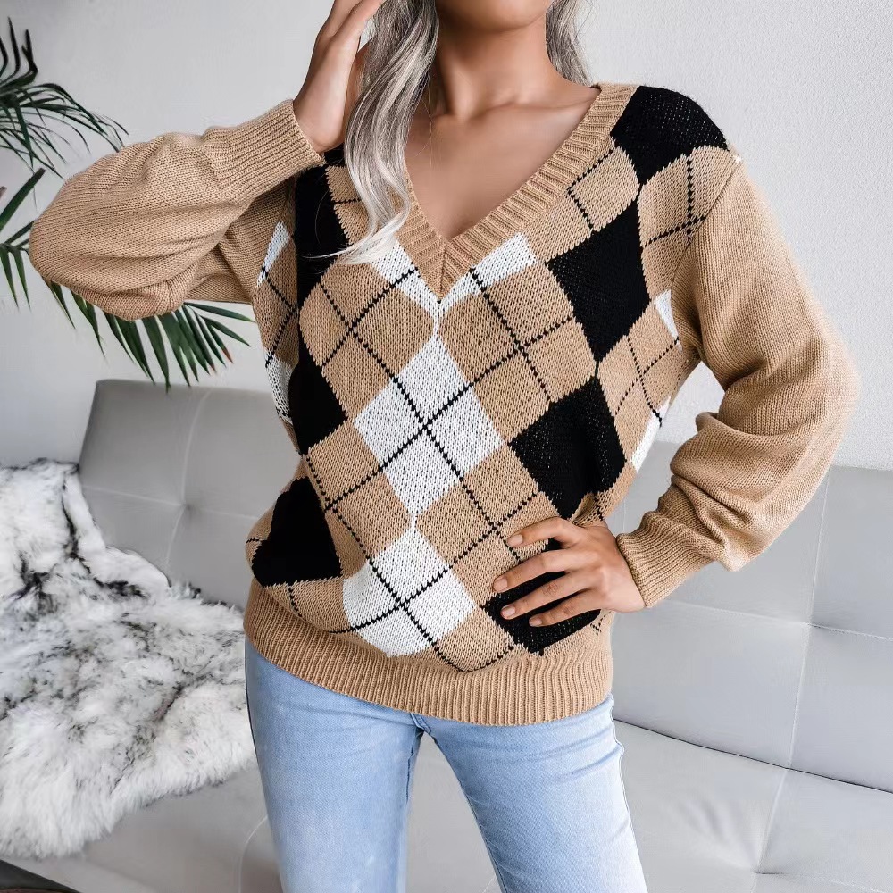 2022 European and American Autumn and Winter College Style Diamond-Shaped Casual Clothing Amazon Exclusive Cross-Border Women's V-Neck Pullover Sweater Plaid