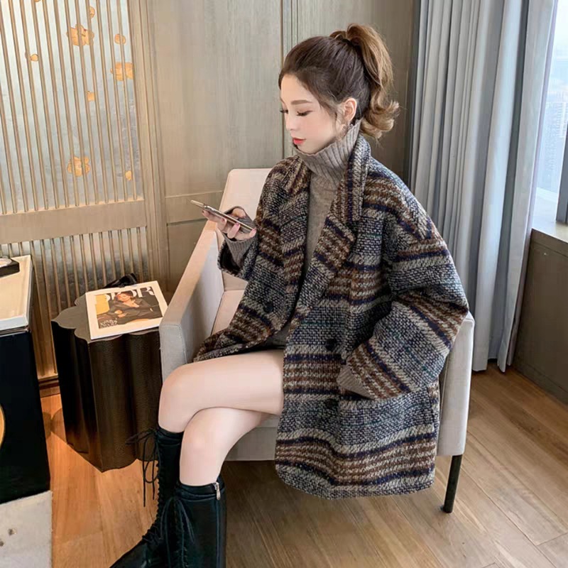 Coffee-Colored Blazer for Women, 2026 Autumn and Winter New Trendy Style, Petite Plaid Tweed Mid-Length Wool Coat