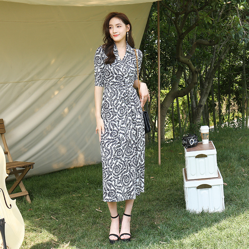 Summer New Elegant Fresh Black Leaf Print Lapel Wrap Dress One-piece Strap Split Dress