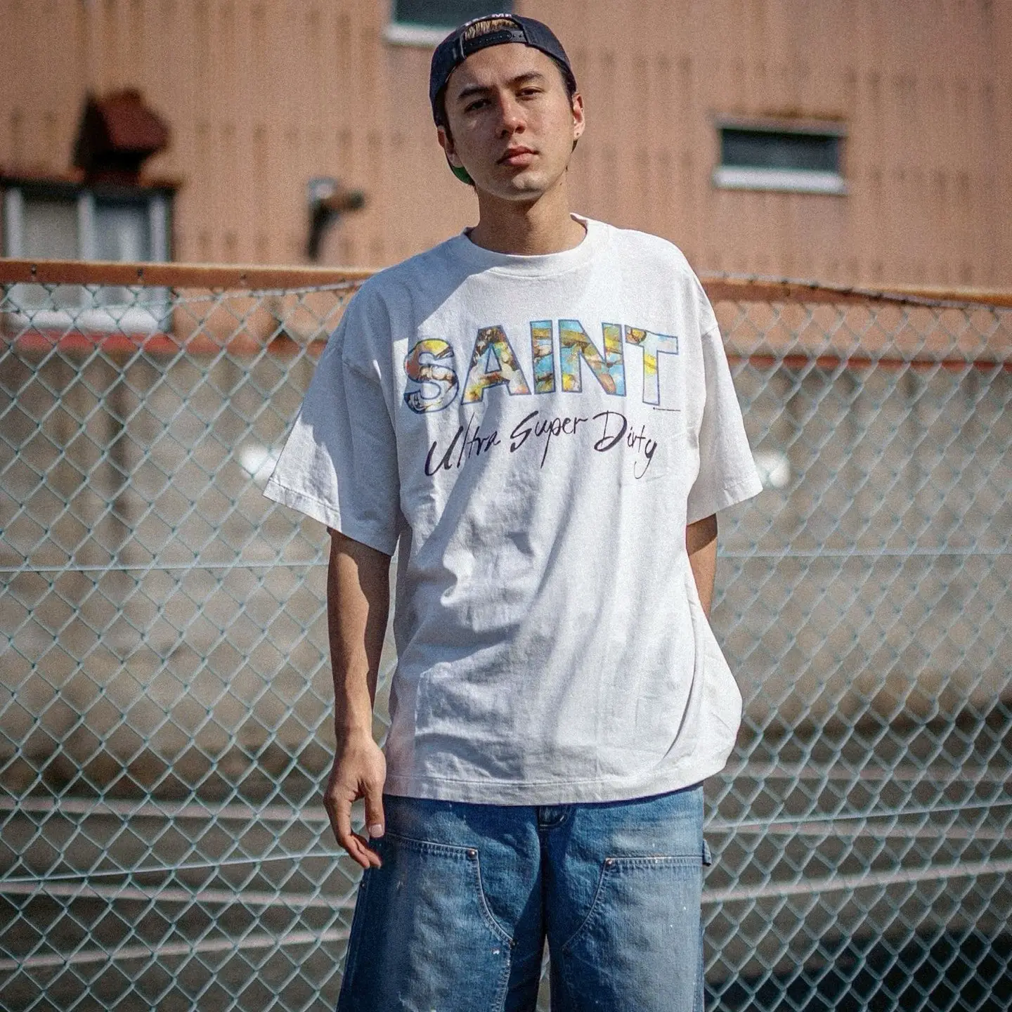 Saint Mxxxxxx New Arrival Oil Painting Style Letter Logo Print round Neck Short Sleeve Retro Superdirtytee