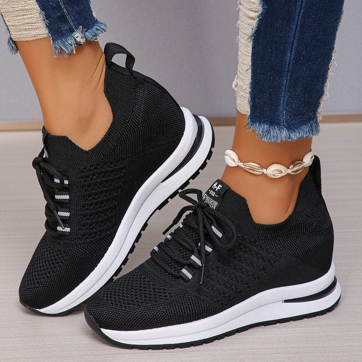 Cross-border foreign trade plus size height women's shoes 2024 summer new casual lace-up thick-soled wedge heel fly woven mesh shoes for women