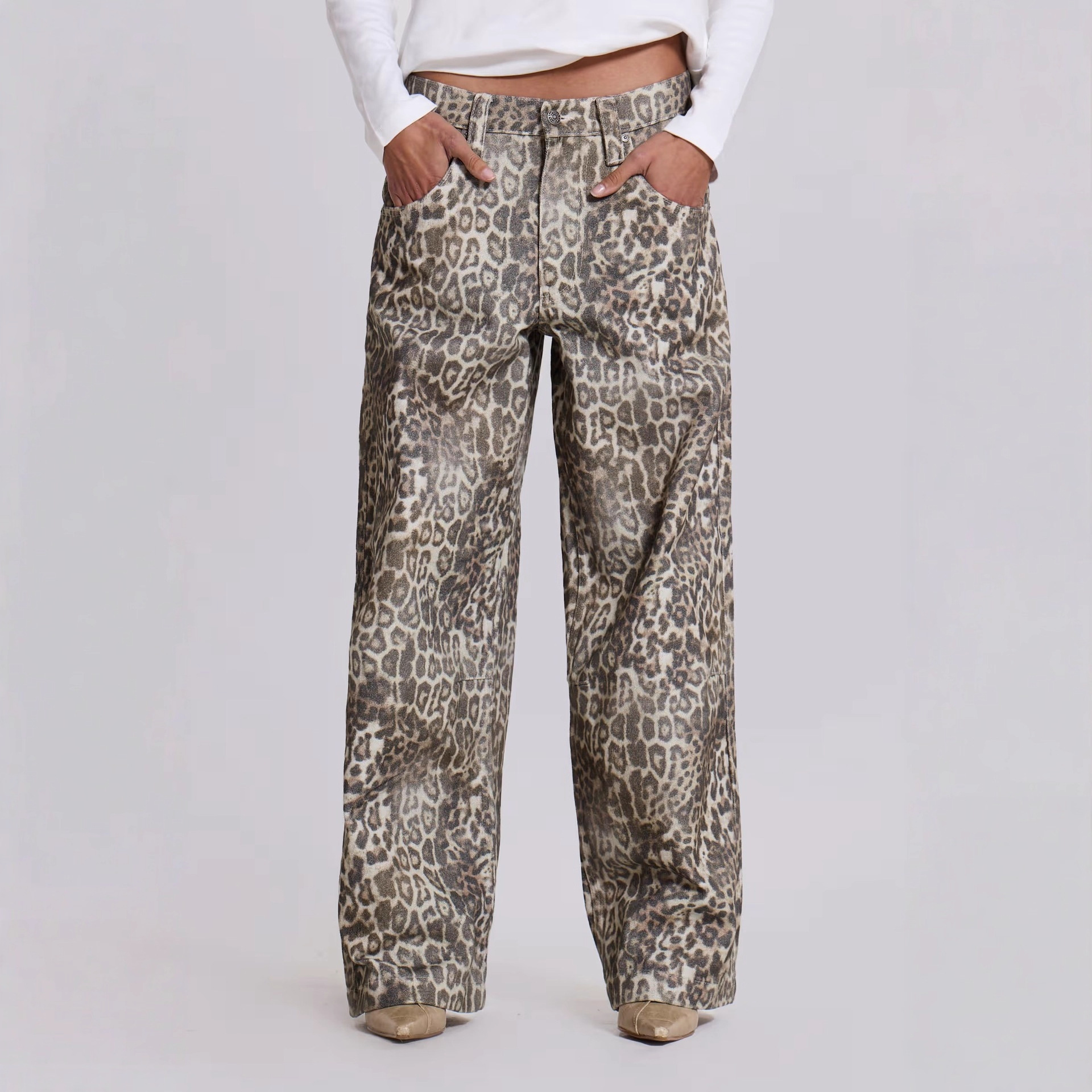 Cross-Border European and American Jaded Leopard Print All-Over Printed Loose Wide-Leg Low-Waist Jeans for Women Y2K Casual Street Pants Wholesale