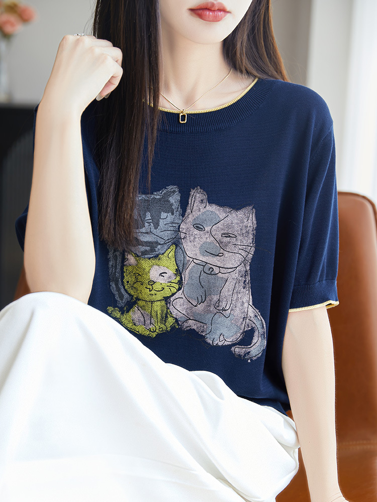 2025 New Summer Style Tencel Lyocell Round Neck Ice Silk Five-Quarter Sleeve Loose Printed Short-Sleeved T-Shirt Women's Knitwear