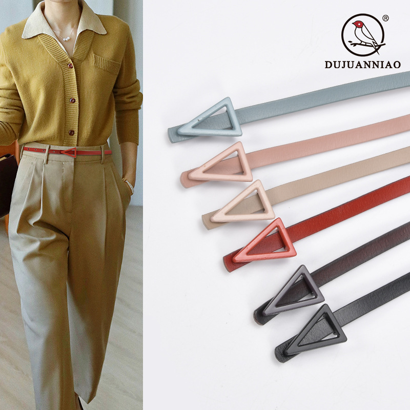 Triangular Buckle Belt Women's Thin Shorts Ins Fashionable Genuine Leather Narrow Pants with Western Pants Summer High Waist Soft Black Small Belt