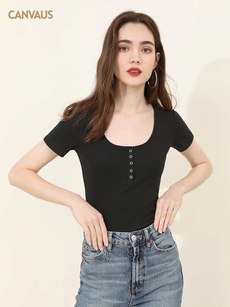 CANVAUS Korean Style Short-sleeved T-shirt Women's Button Henry Collar Casual Rib 2023 Summer Solid Color bm Style Top