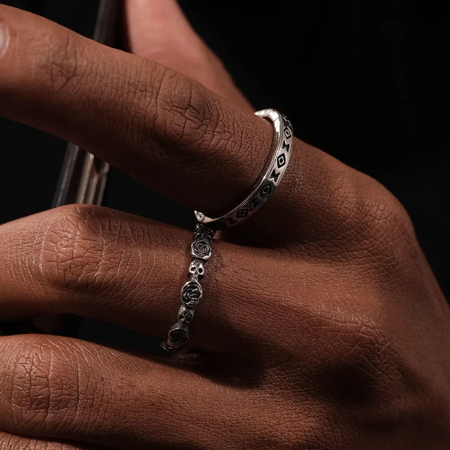 Saz Gothic Style New Chinese-Style Rose Skull Totem Stacked Rings for Men and Women, Vintage Thin Rings, Couple Rings