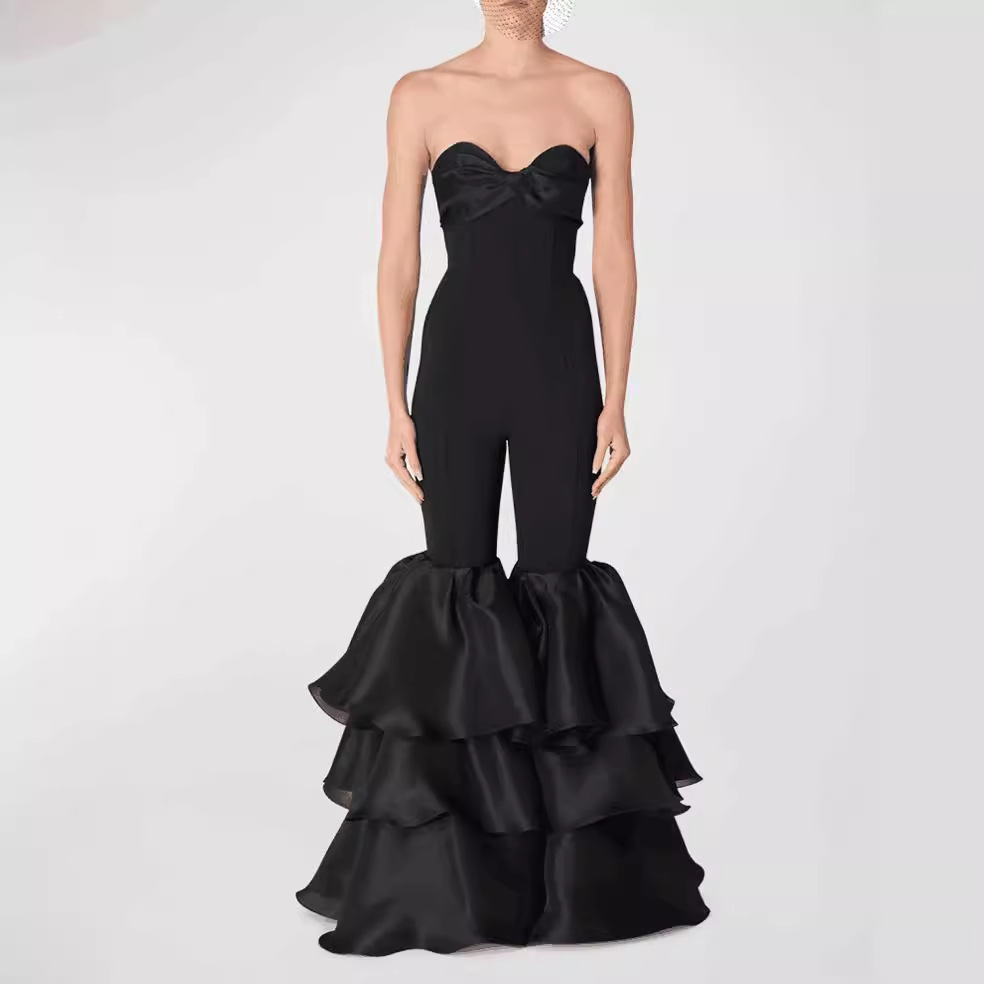 Black Fashion sexy backless tube top slimming off-shoulder slimming casual long flared jumpsuit dress