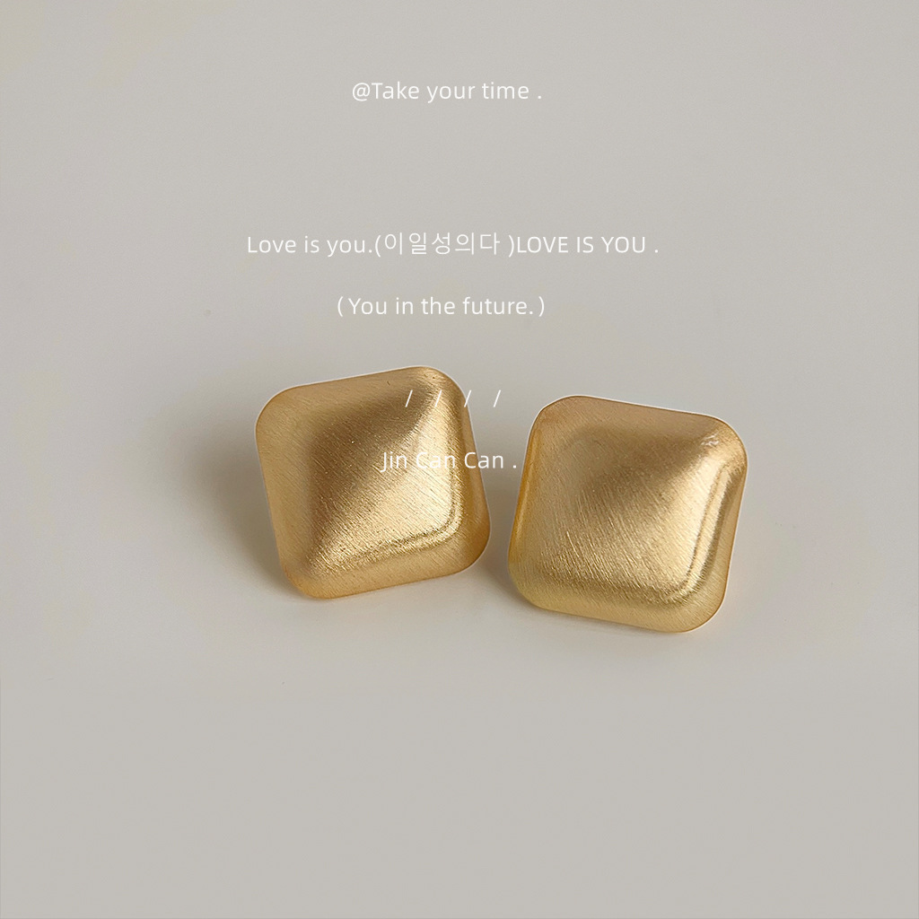Brushed Texture Matte Finish High-End Square Geometric Silver-Plated Stud Earrings Autumn and Winter Style Earrings Factory Wholesale
