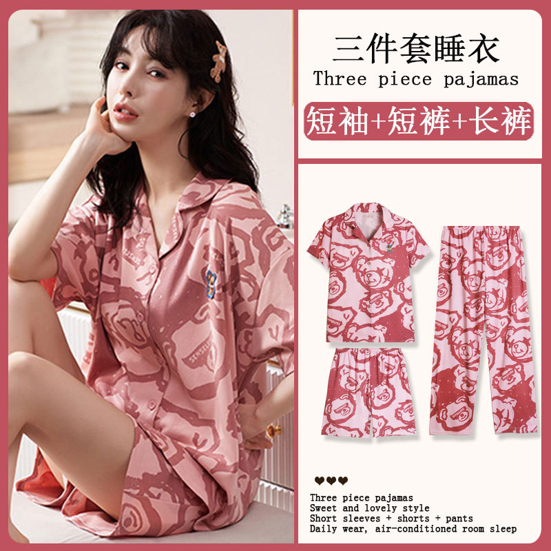 Douyin Live Streaming Direct Sales Summer Pajamas for Women, Cute Cartoon Bear Short-Sleeve Cotton Loose Casual Home Wear Three-Piece Set