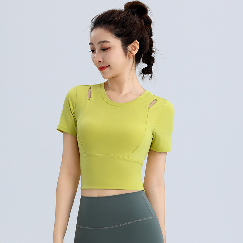 Women's Short-sleeved Summer T-shirt with Chest Pad Sports Yoga Clothing Tight-fit Slimming Running Shockproof Cup Fitness Top