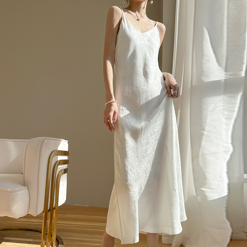 New Acetic Acid Satin Sling Dress Women's Outer Wear V-Neck Silk Printed Elegant Slim-fit Base Sexy Long Dress