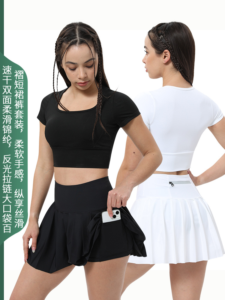Cross-border Yoga Clothing with Chest Pad Women's Shockproof Training Fitness Top Navel Quick-drying Sports T-shirt Tennis Skirt suit