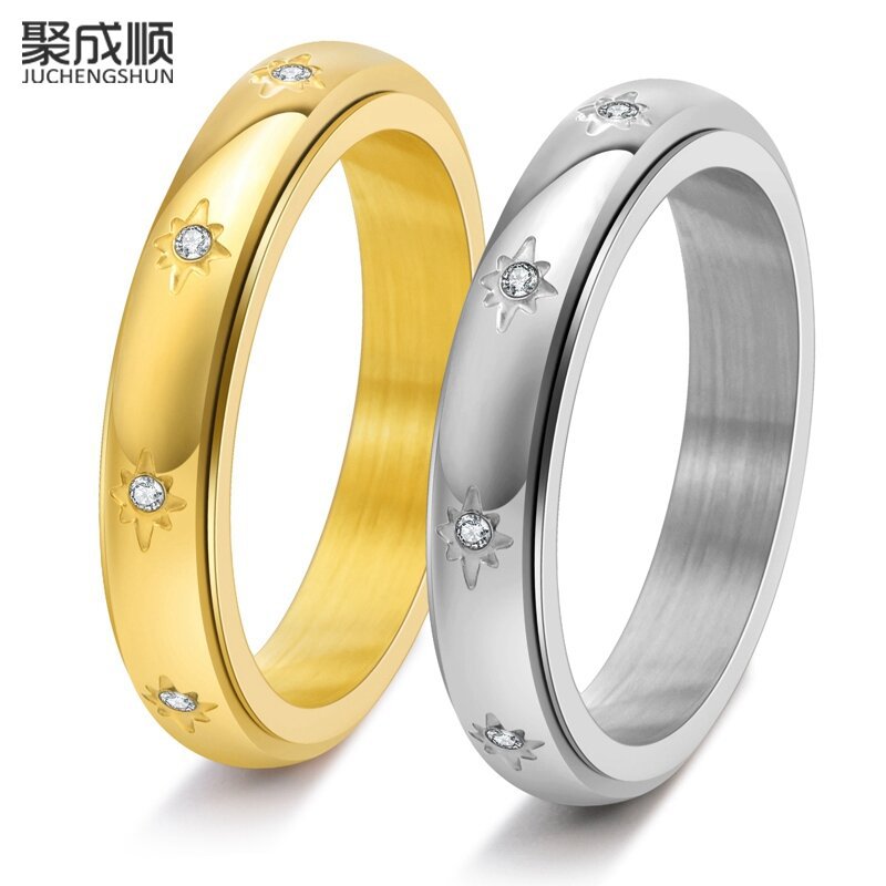 European and American Style Jewelry Sunflower Ring with Stone Inlay Titanium Steel Minimalist Rotatable Stress-Relief Ring for Men and Women Engagement Ring