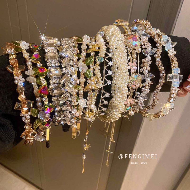 Korean Elegant Diamond-Encrusted Pearl Bow Flower Headband Sweet and Fashionable Hairpin Headband Popular New Hair Accessories for Women