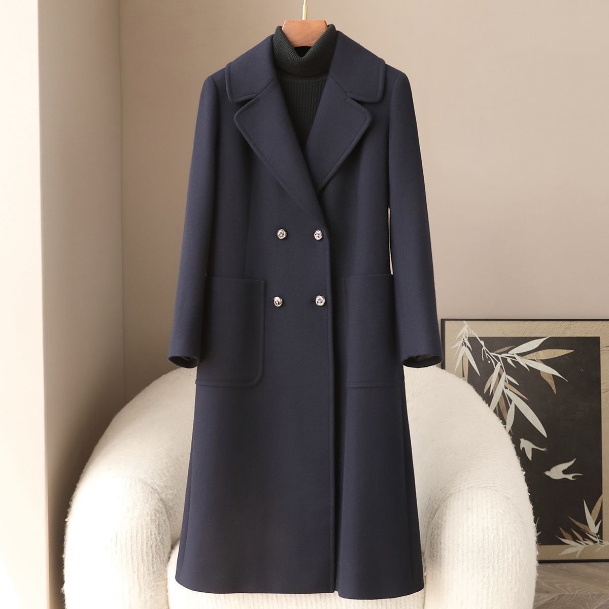 Small Quantity of Clothing 2026 Spring New Korean Style Commuter Coat Haining Over-The-Knee Long Double-Breasted Woolen Coat for Women