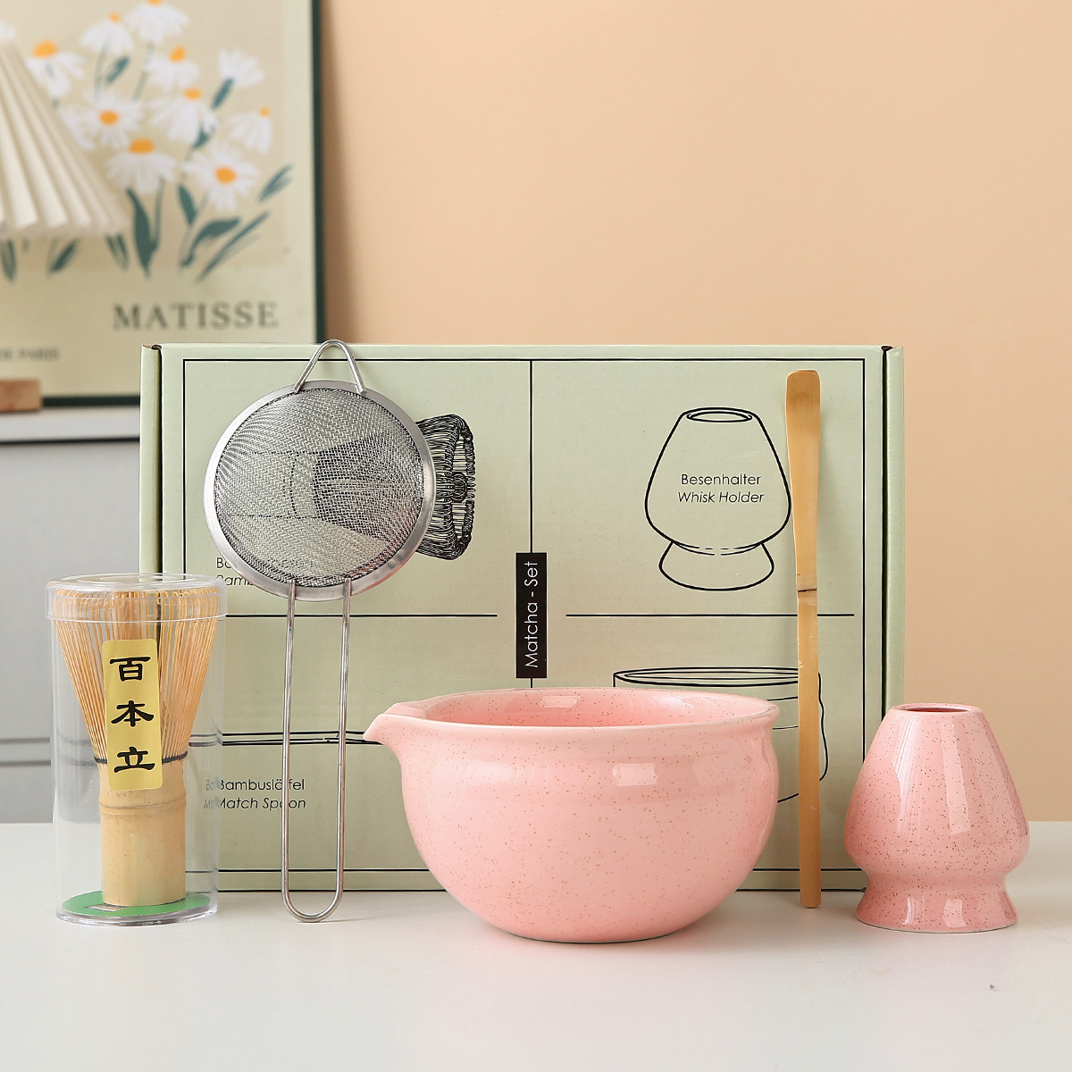 Cross-Border New Ceramic Matcha Set with 100 Tea Whisk Pieces, Japanese Tea Ceremony Matcha Stirring Tool Gift Box