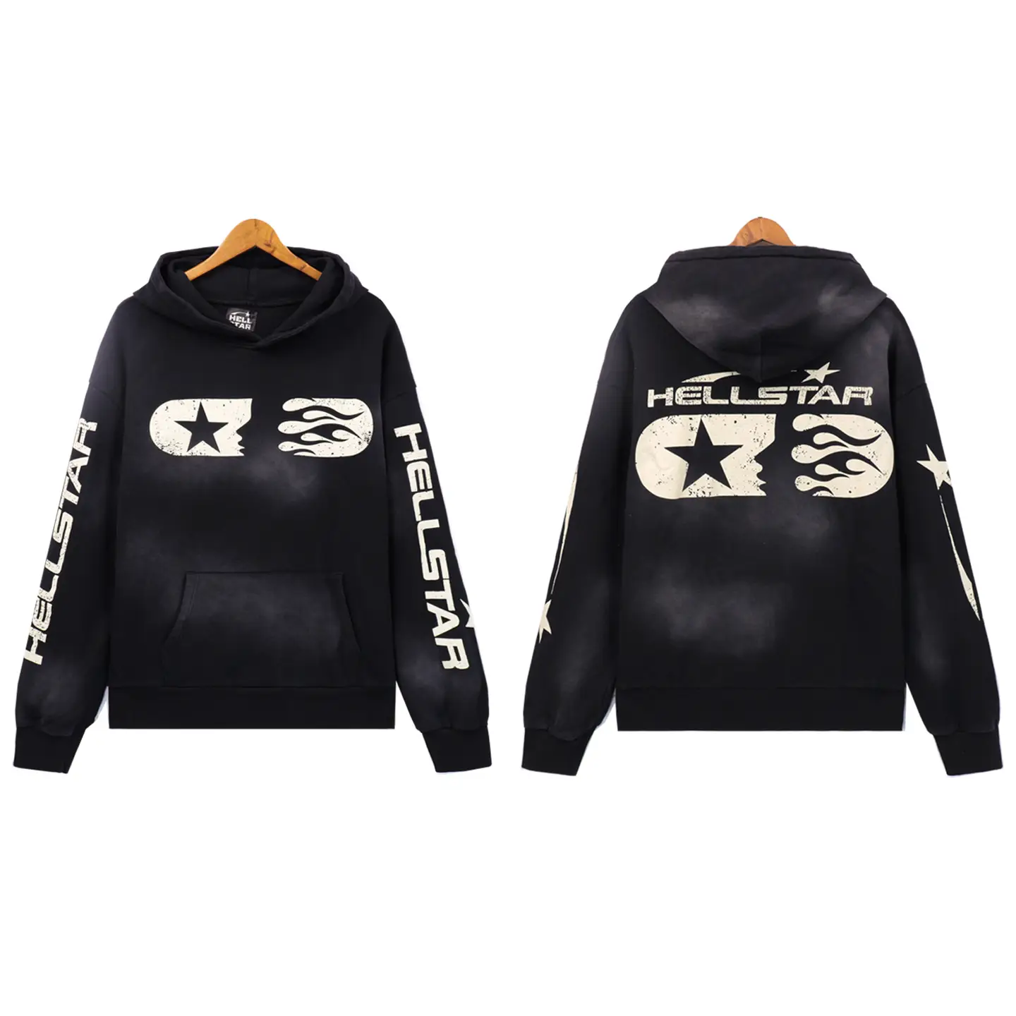 Real Shot of European and American Trendy Brand Hellstar Retro Washed Distressed Mud-Print Hooded Sweatshirt and Sweatpants for Men and Women