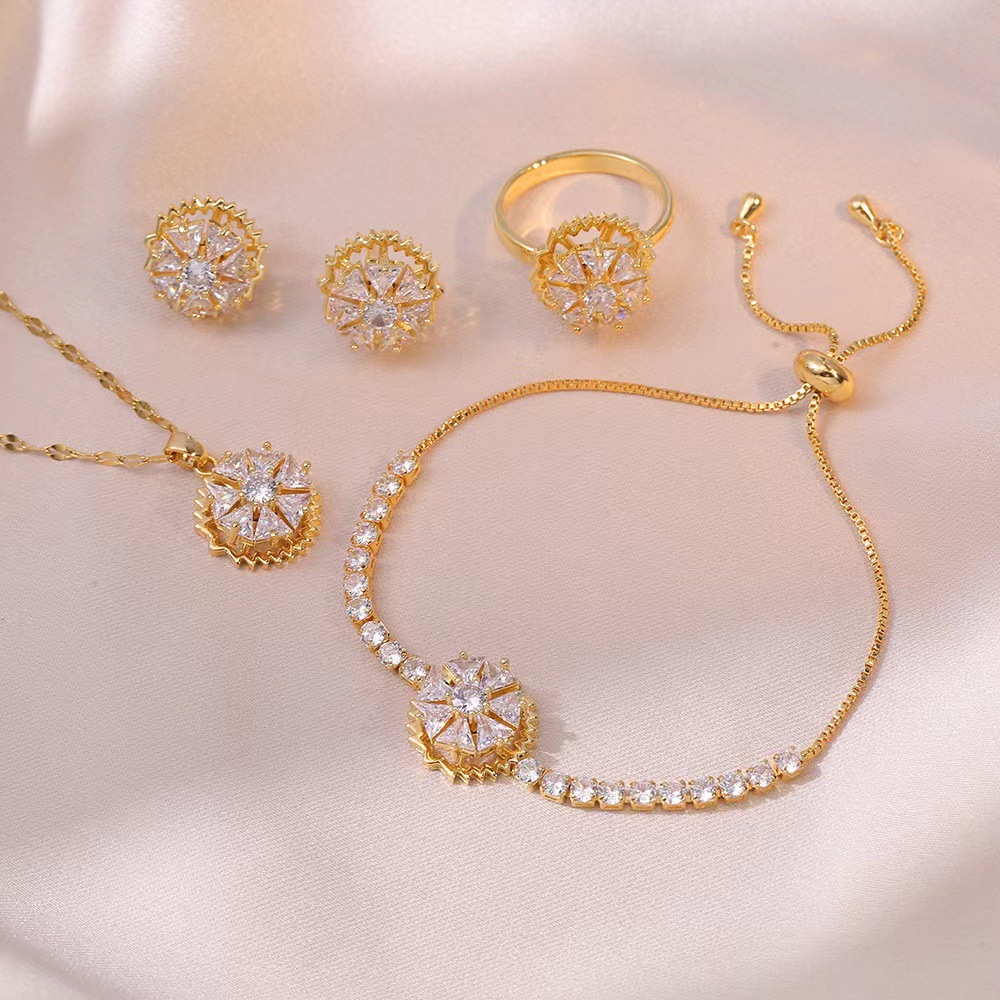 Internet Celebrity Douyin Three-Piece Set of Rotating Earrings, Rings, Necklaces, Micro-Encrusted Zircon Clavicle Chains