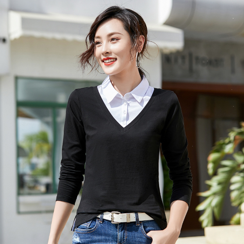 plus size Women's Early Autumn New Fake Two-piece T-shirt Women's Long-sleeved Black and White Shirt Collar Korean Top Base 6712-1