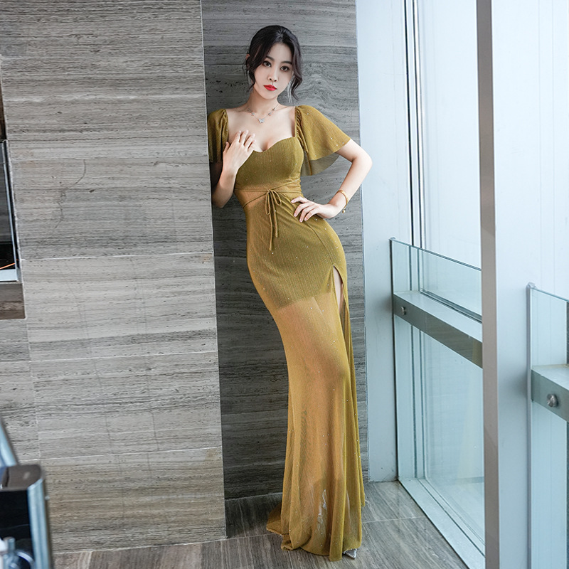 Autumn and Winter new sexy ruffle sleeve long dress slim fit slimming high split Night Club nightclub sheath dress