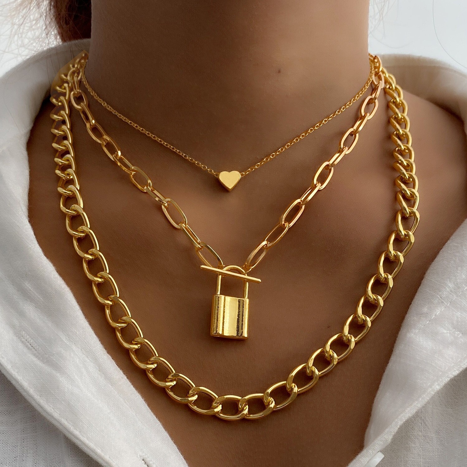 European and American Cross-border Jewelry Personality Retro Punk Style Metal Love Lock Necklace Hip-hop Multi-layer Pendant Neck Chain