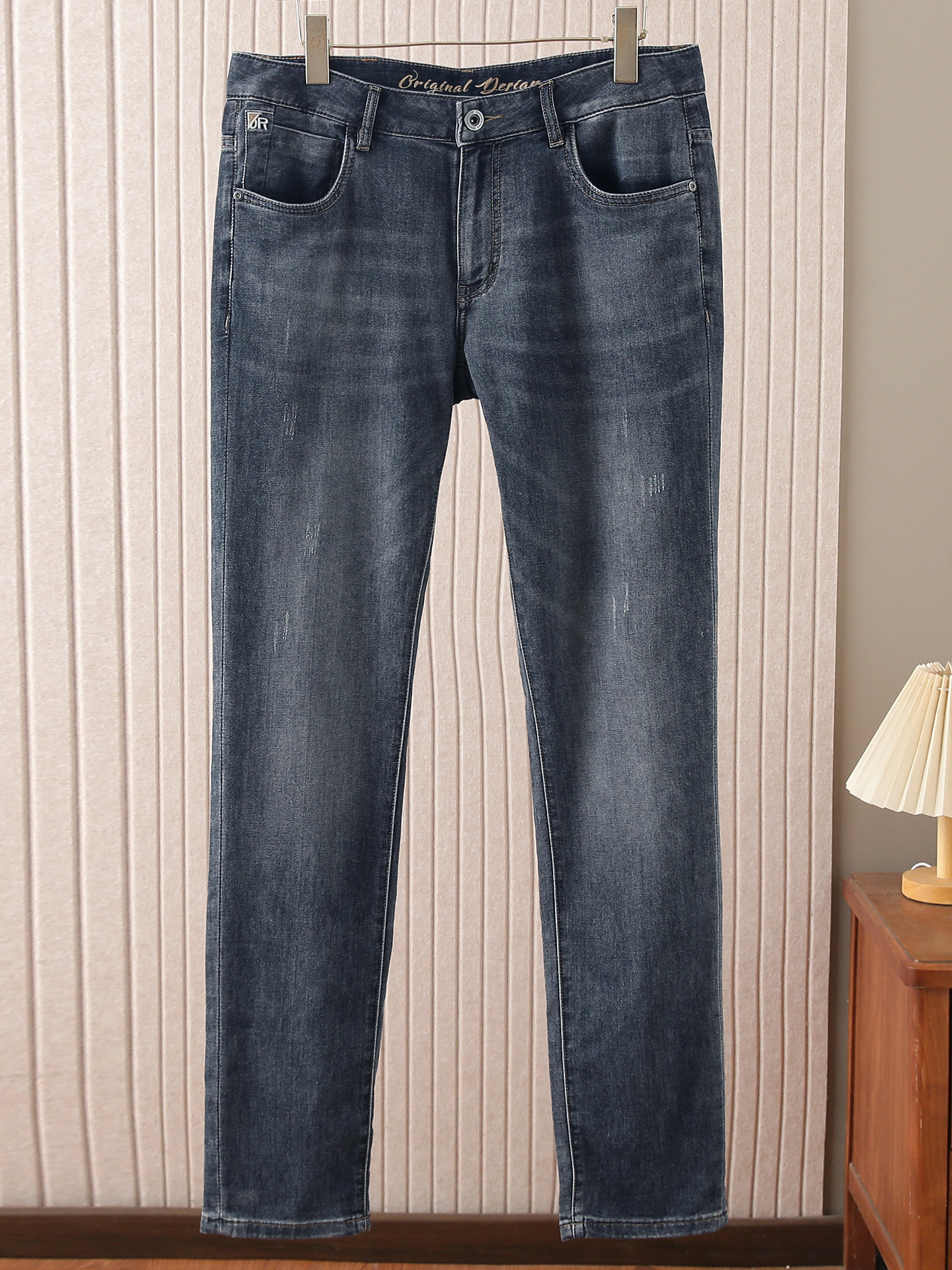 Men's Embroidered Jeans with Five Pockets, Summer Breathable Thin Casual Slightly Stretchy Straight-Leg Pants D1U050