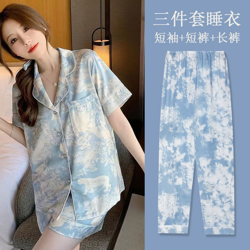 Sweet Tie-Dye Pure Cotton Pajamas for Women, Summer Short-Sleeved Shorts and Long Pants Three-Piece Set, Women's Home Wear Set That Can Be Worn Outside